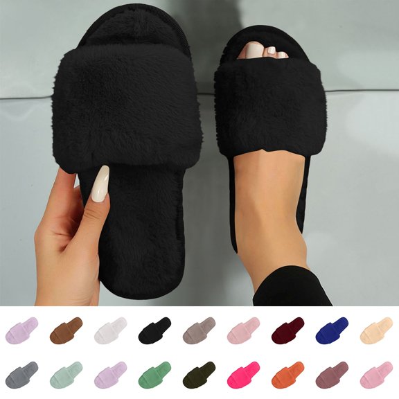 Fnooota Womens Slide Slippers, Indoor Non Slip Open Toe Soft Sole Fuzzy Slippers Bedroom Shoes Black Size 9-9.5
