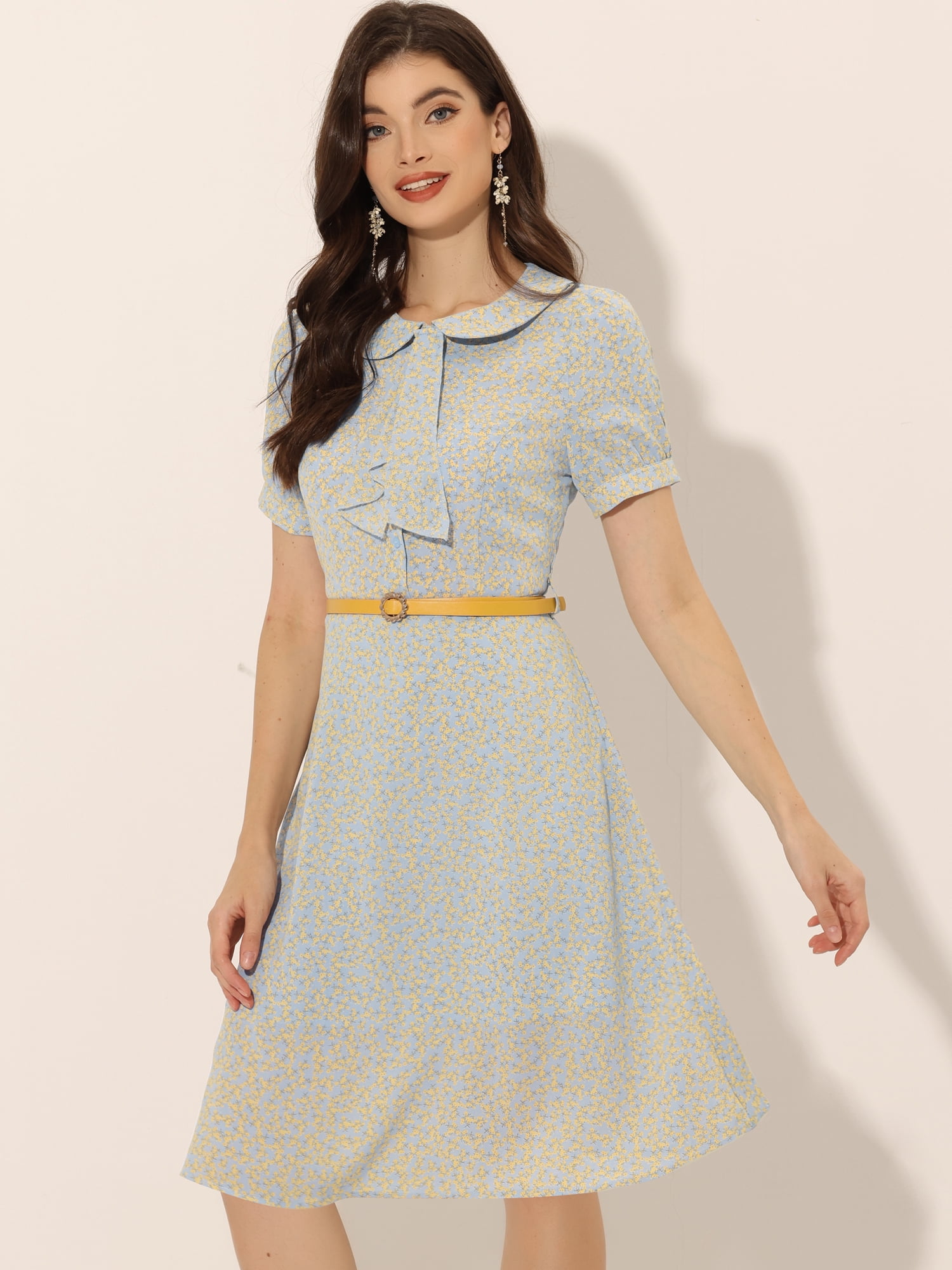 DARING DIVA Peter Pan Collar Tie Neck Elegant Floral Dress with Belt L Light Blue
