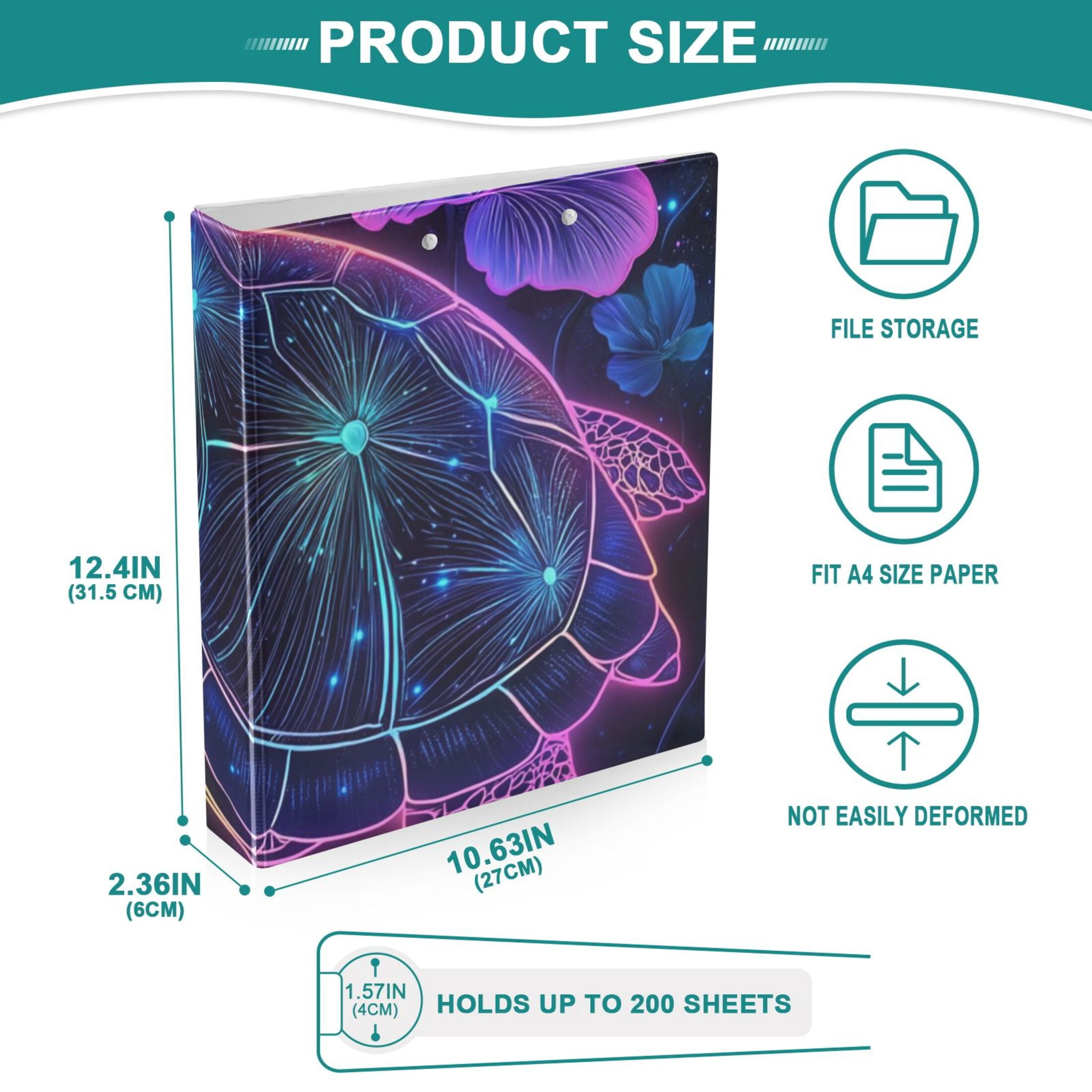 Sea Turtle and Flowers Glowing 3 Ring Binders 1.5 inch Hardcover File Folders with Interior Pockets A4 Size Organizer for School Office Hospital Set of 2