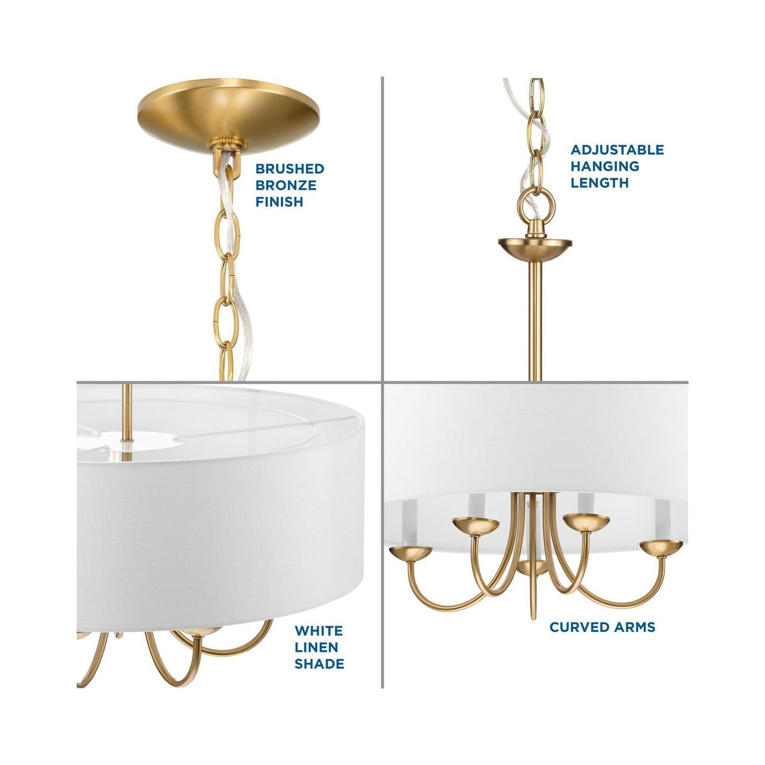 Drum ShadeCollection Five-Light Brushed Bronze White Fabric Shade New Traditional Chandelier Light