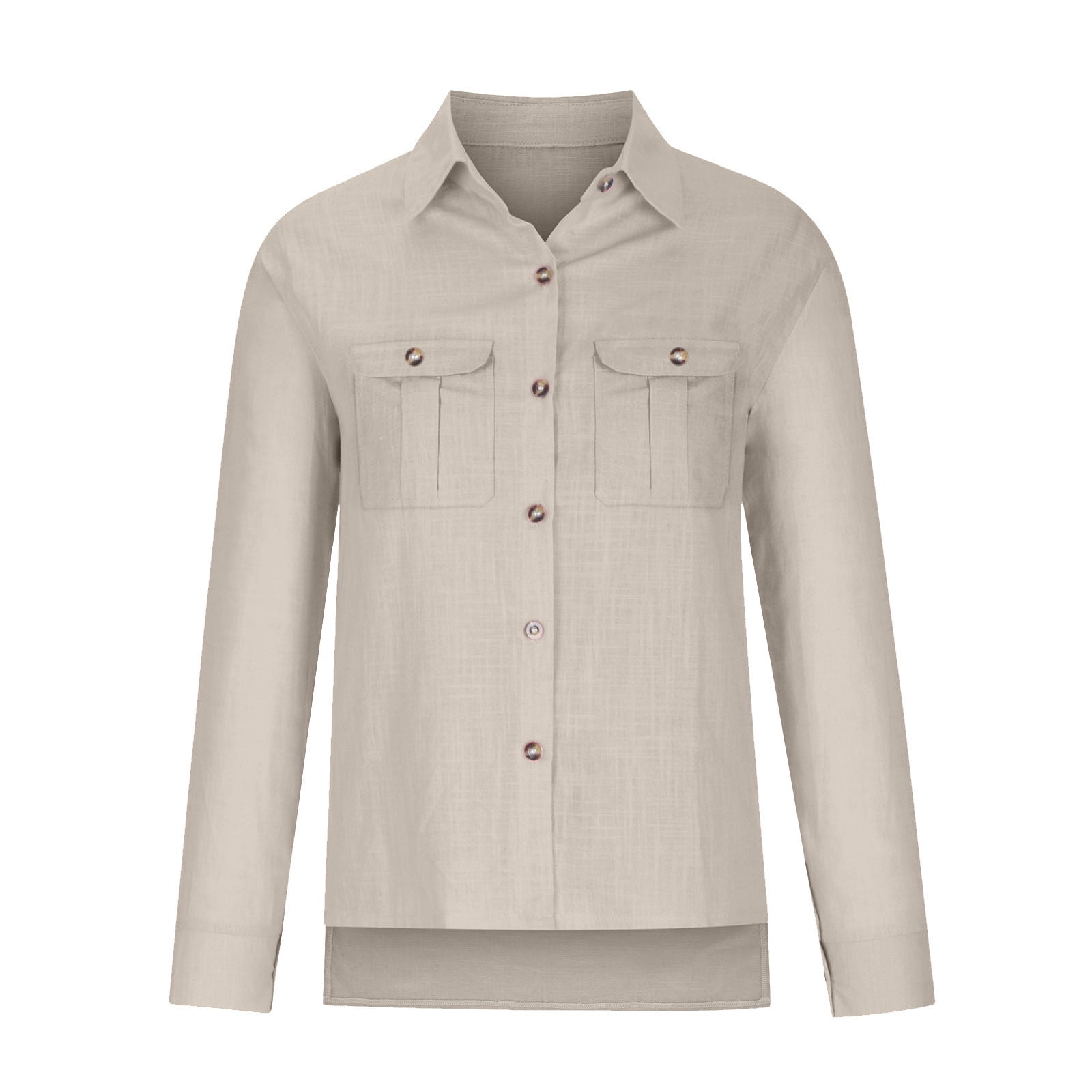 CFLVAEK Cotton Linen Tunic Shirts for Women Oversized 3/4 Length Sleeve Henley Shirts Baggy V Lapel Button Down Tops Solid Fall Going Out Blouses with 1 Pocket