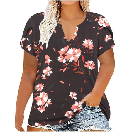 

kakina CMSX Plus Size top Clearance Women Printing Shirts Short Sleeve Loose Plus Size Tee Tops V-neck Tunic Blouse