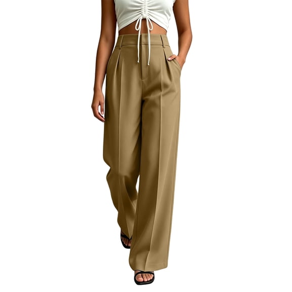 TFEOQRY Womens Pleated High Waist Suit Pants with Pockets Solid Color Draped Business Casual Straight Wide Leg Pants
