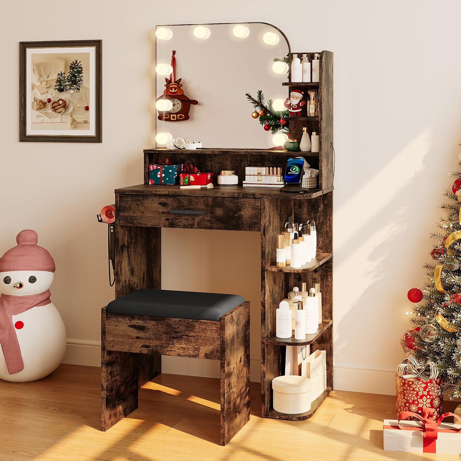 26.4" Small Makeup Vanity Set with Mirror and Lights, NEORIVER Modern Vanity Desk with Bench and Power Outlets