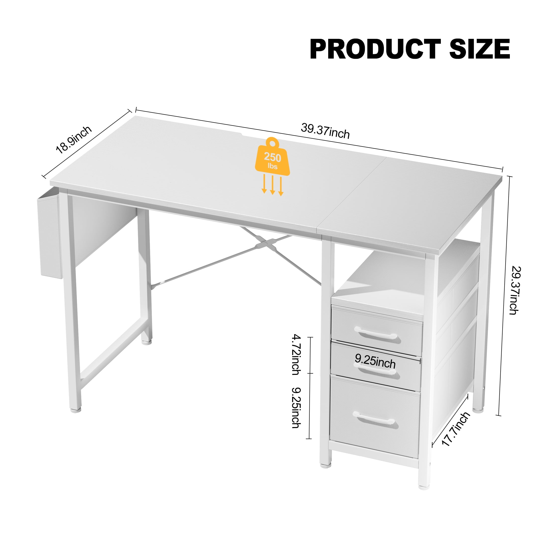 EDX 40 Inch Computer Desk with 3 Drawers, Writing Desk with Side Storage Pocket, for Home Office, Bedroom , White