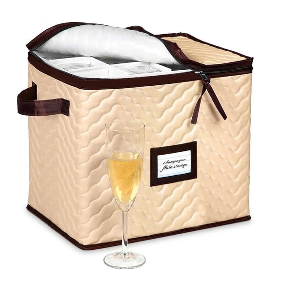 Wine Glass Storage Box with Dividers, Holds 12 Glasses up to 3-in Wide, Quilted Microfiber Stemware Storage Case with Carry Handles, Ideal for Champagne Flute Glasses