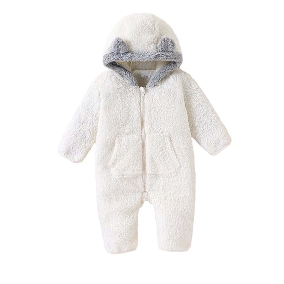 Jalioing Newborn Baby Fuzzy Snowsuit Cute Solid Color Long Sleeve Zipper Rompers Winter Thermal Fleece Jumpsuit