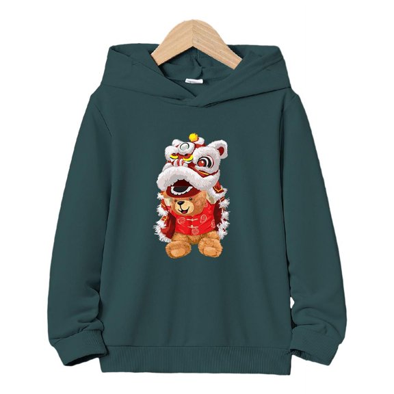 Mikrdoo Happy New Year Cute Bear And Lion Dance Print Boys Casual Pullover Long Sleeve Hoodies, Boys Sweatshirt For Spring Fall Winter, Kids Hoodie Tops Outdoor