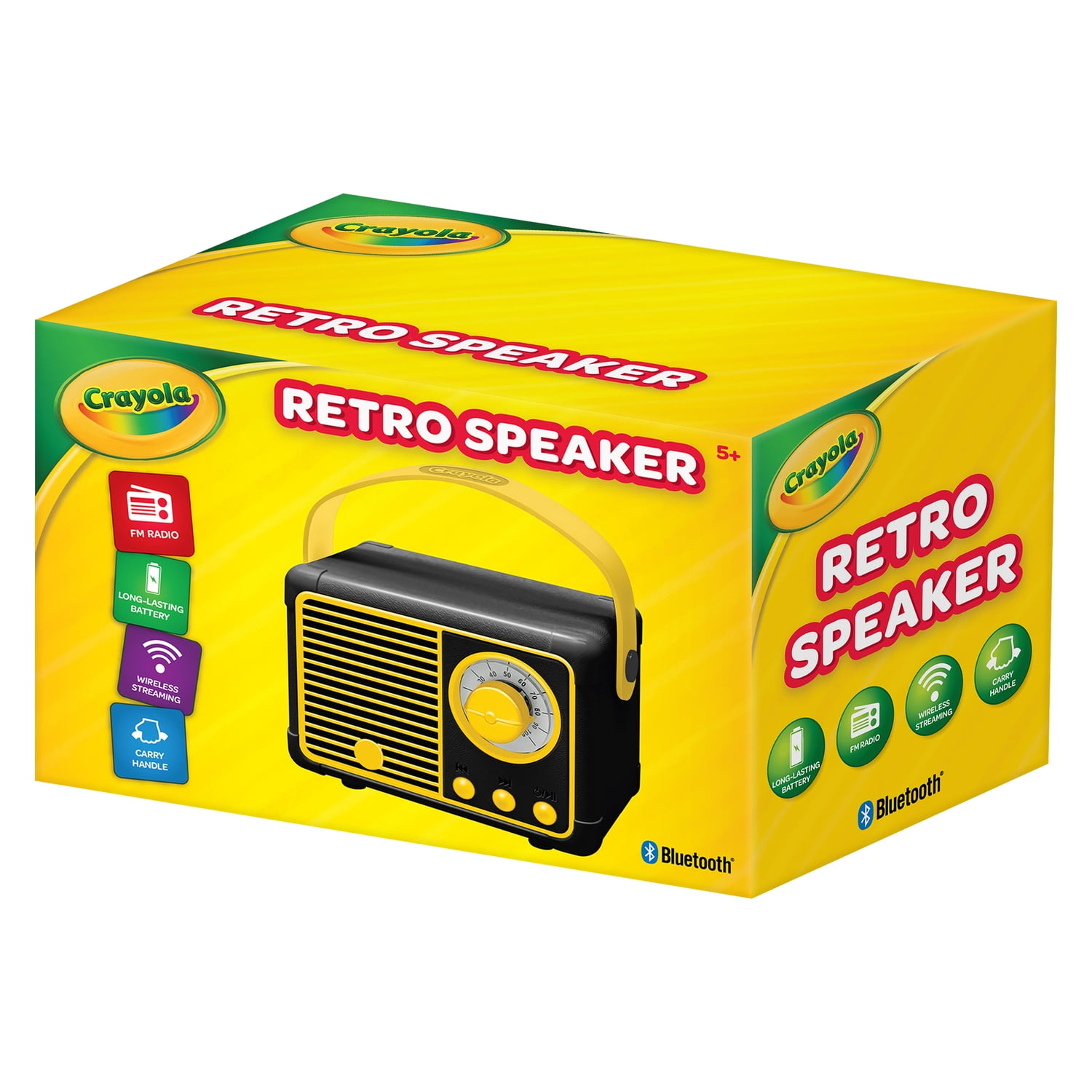 Crayola 3-Watt CBT110 Retro Portable Bluetooth Rechargeable Speaker with FM Radio, TWS, USB/microSD/Aux, up to 1.5 Hours of Play Time, Black