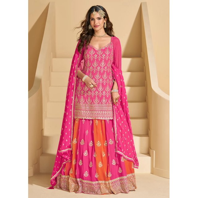 Queen Pink Embroidered Georgette Designer Lehenga Style Suit with Zari, Thread & Sequins Work – Wedding, Reception & Festival Wear | Size : XL