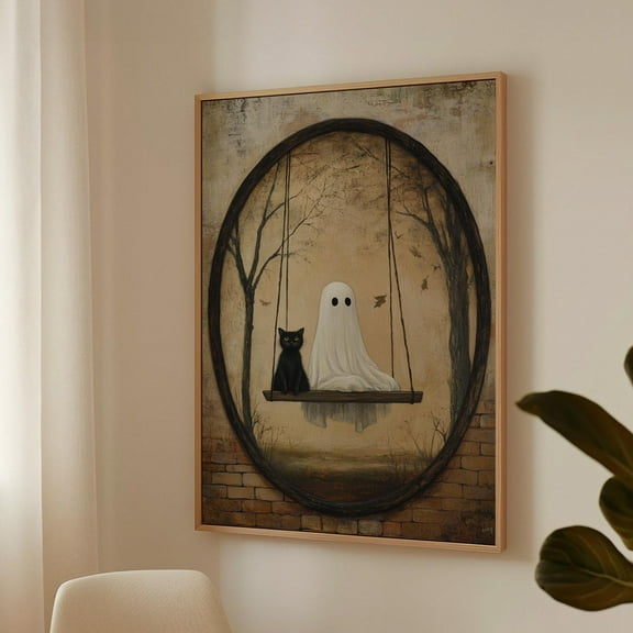 Vintage Ghost And Black Cat On Swing - Spooky Wall Art In Rustic Frame Wall Art Print Wall Art, Modern Wall Decor, 8x12 UNFRAMED