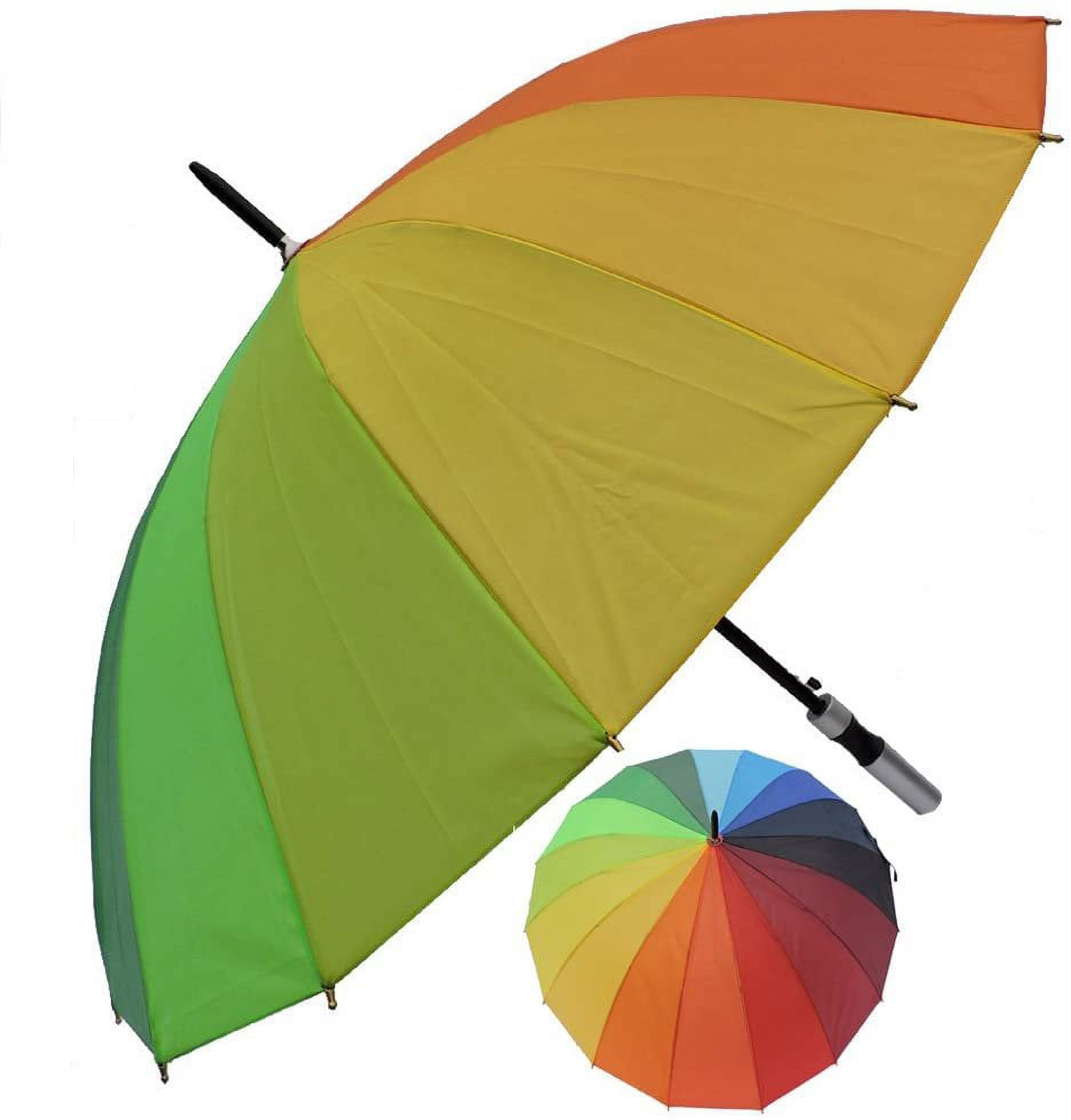 Rain Sun UV Protection Umbrella Large Full Size 42 Inches Canopy Coverage Windproof Auto Open J- Shape Stick Rainbow