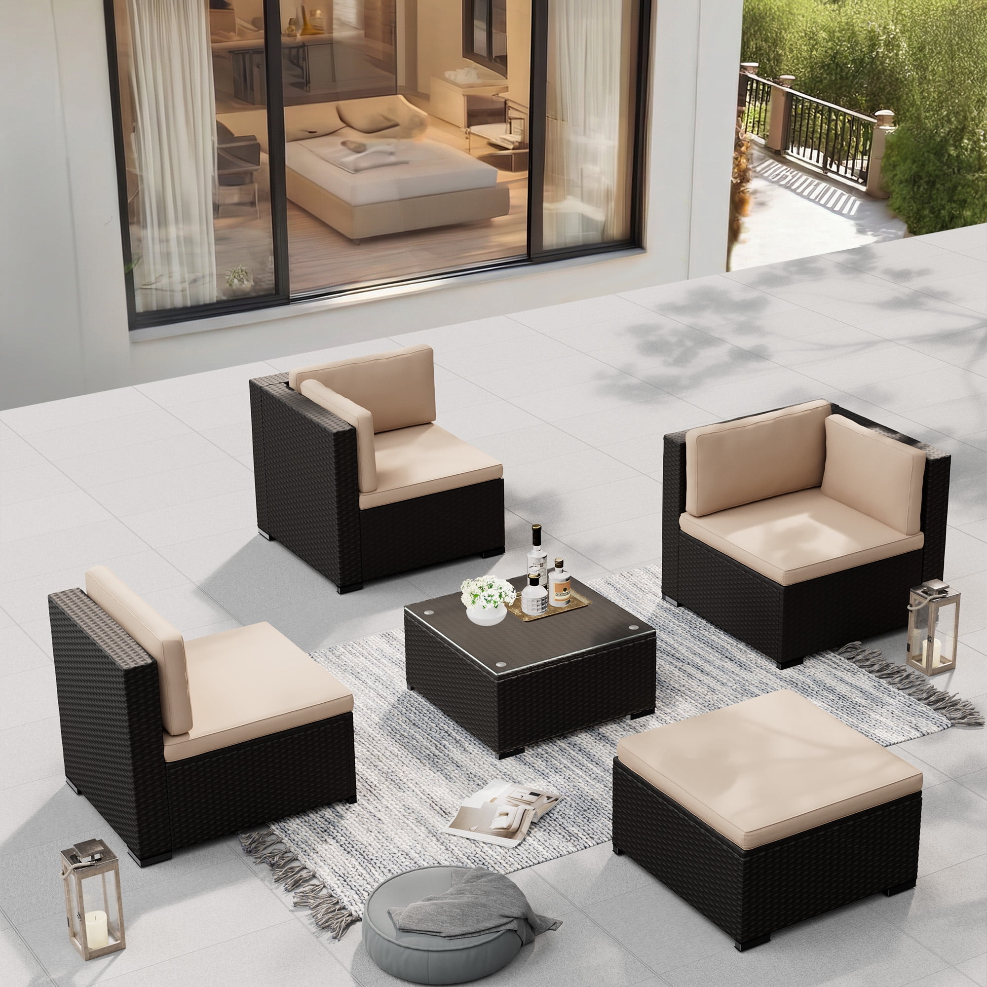 SOLAURA 5-Piece Outdoor Patio Furniture Sofa Set, Rattan Wicker Sectional Sofa with Ottoman, Glass Coffee Table & Cushions, Outdoor Conversation Set for Backyard, Garden, Porch, Brown