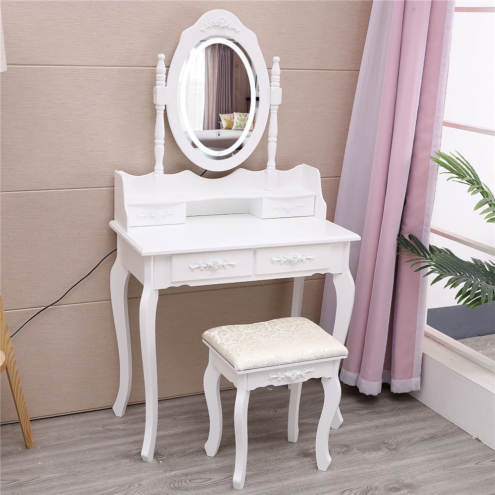 Vanity Makeup Dressing Table with 5 Drawers&Tri-Folding Mirror Wood Desk White 
