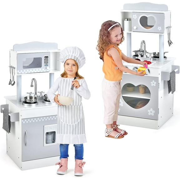 INFANS Kid Kitchen Playset, Toddler Wooden Pretend Cooking Set with Realistic Light & Sound, Stove, Sink, Microwave, Storage Cabinet,Pretend Play Kitchen Toy Set for Children Boys Girls (2 IN 1 White)