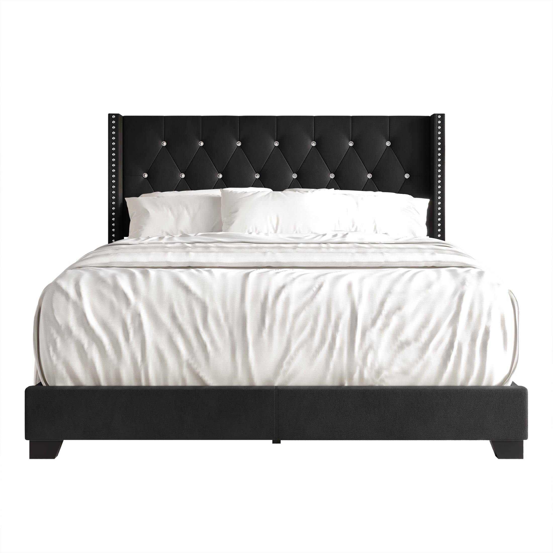 Castle Place Nailhead Trim Wingback Upholstered Bed, Black Velvet, King