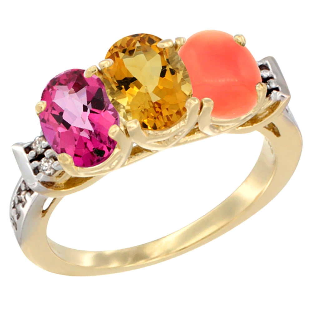 14K Yellow Gold Natural Pink Topaz, Citrine & Coral Ring 3-Stone 7x5 mm Oval Diamond Accent, sizes 5 10 by WorldJewels