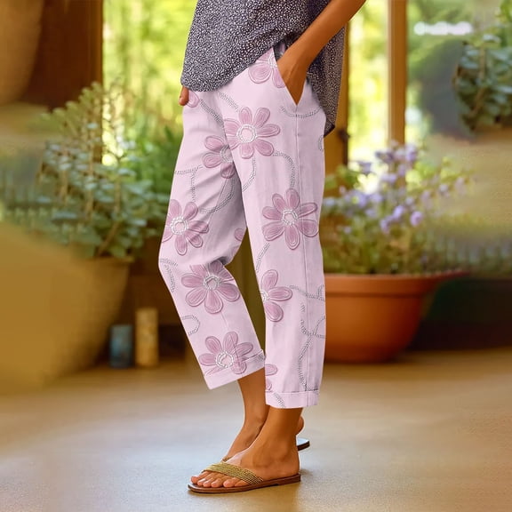 Capri Pants for Women Floral Print with Pockets Relaxed Straight Leg Soft Comfortable Fabric Cuffed Ankle Casual Trousers for Summer Travel Vacation Lounge and Everyday Wear