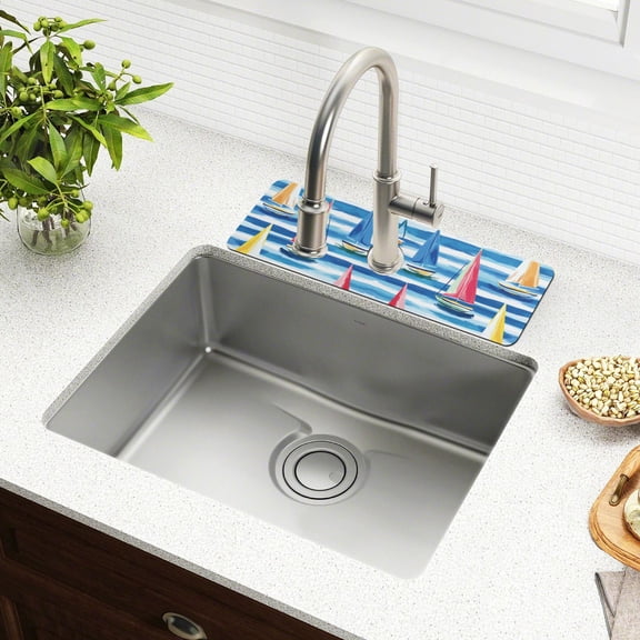 Yayeee Faucet Mat for Kitchen Sink 14.7" Diatomite Long Splash Guard Pad, Green Sailboats