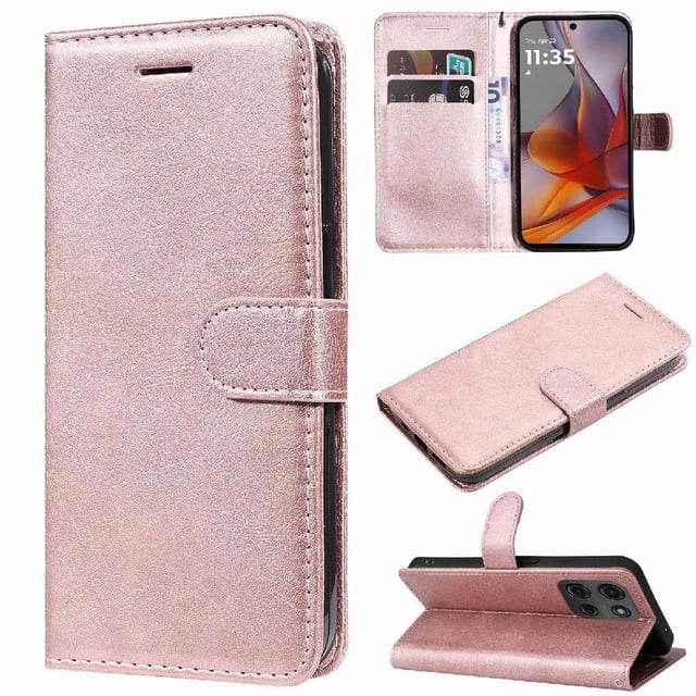 Wallet Case for Motorola MOTO G75 5G Flip Cover with Card Slots, Magnetic Stand & Strap Pink