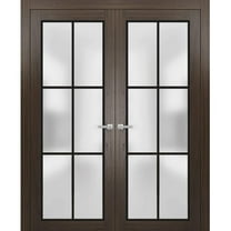Solid French Double Doors 72 x 80 inches | Planum 2122 Chocolate Ash Frosted Glass | Wood Solid Panel Frame Trims | Closet Bedroom Sturdy Doors