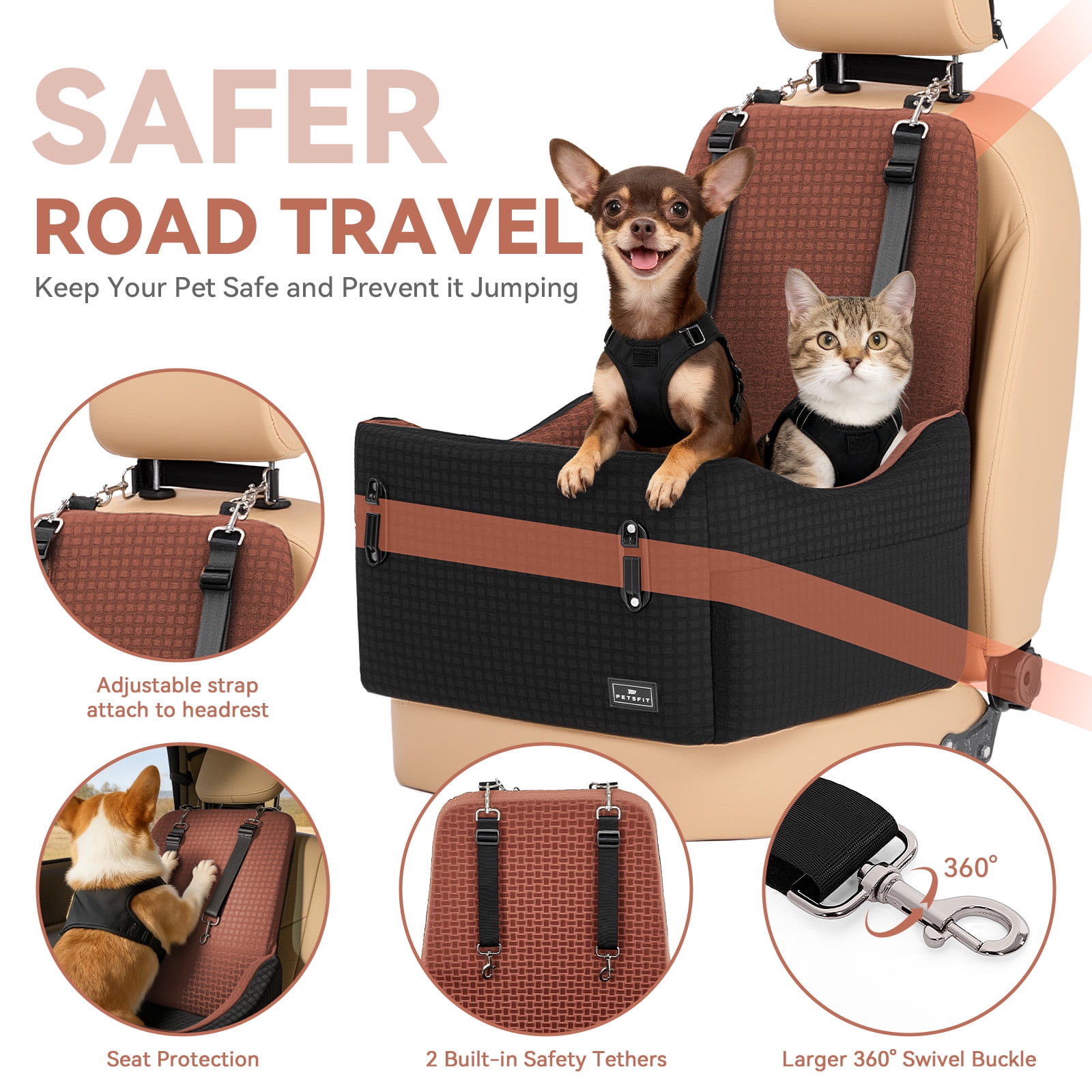PETSFIT Dog Car Seat for Small/Medium Dogs Up to 35 lbs – Patented Safety System, 6" Memory Foam Pet Booster Car Seat, Fully Detachable and Washable (Black/Brown)