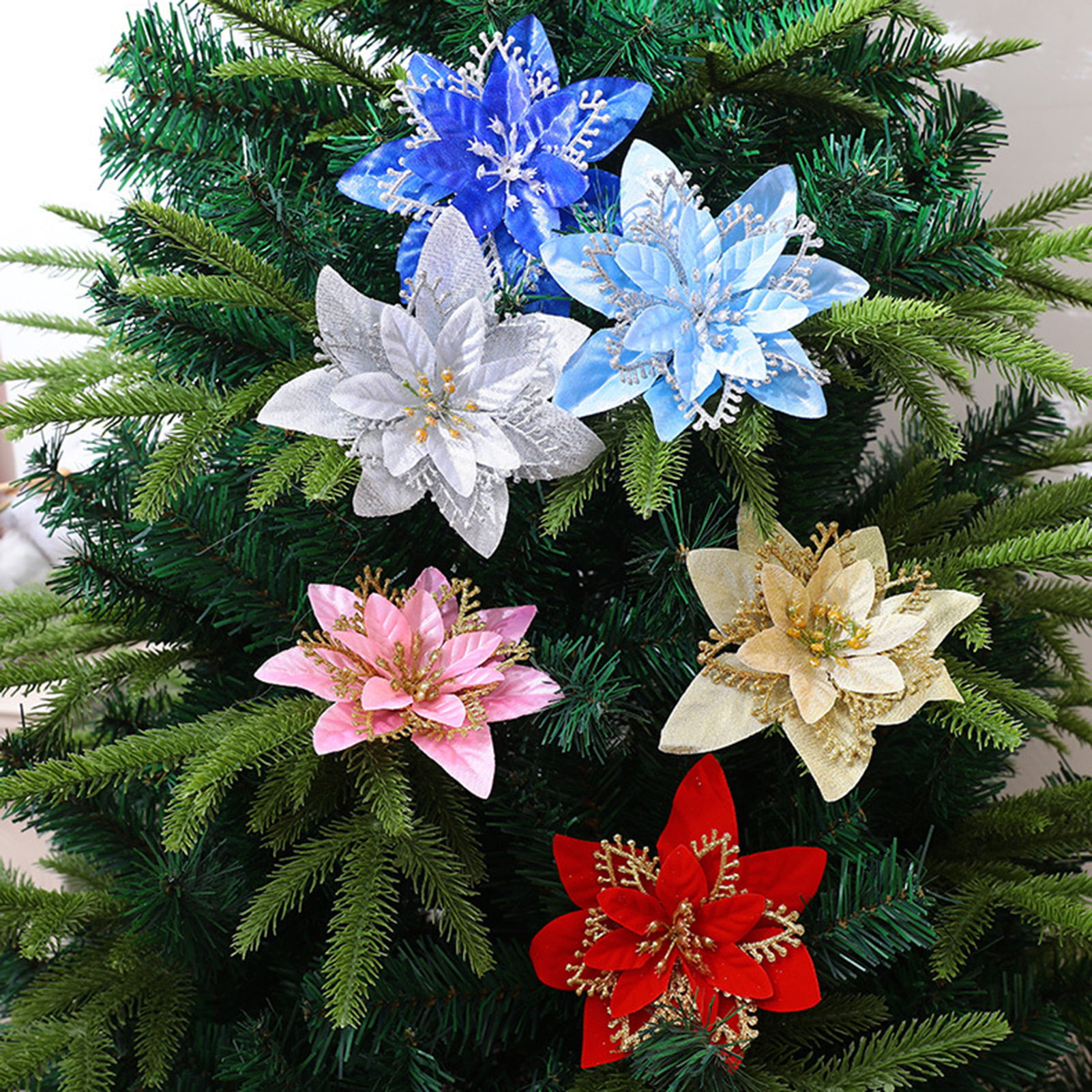Artificial Christmas Flowers Glitter Fake Flowers Merry Christmas Tree Decor