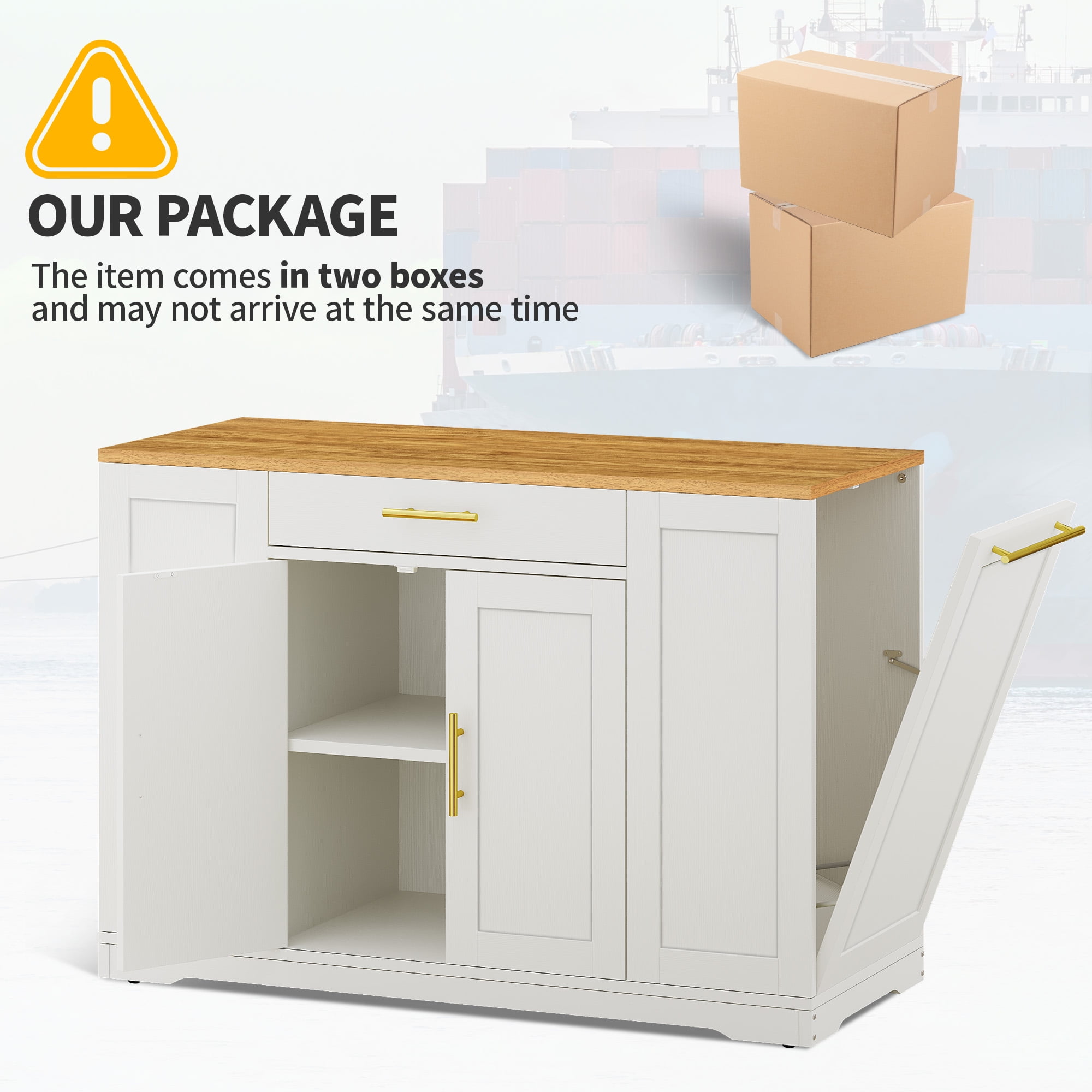 Uforic Rolling Kitchen Island with Wheels & Drawers, Kitchen Storage Cart with Storage Cabinet for 13-Gallon Trash Bin, White