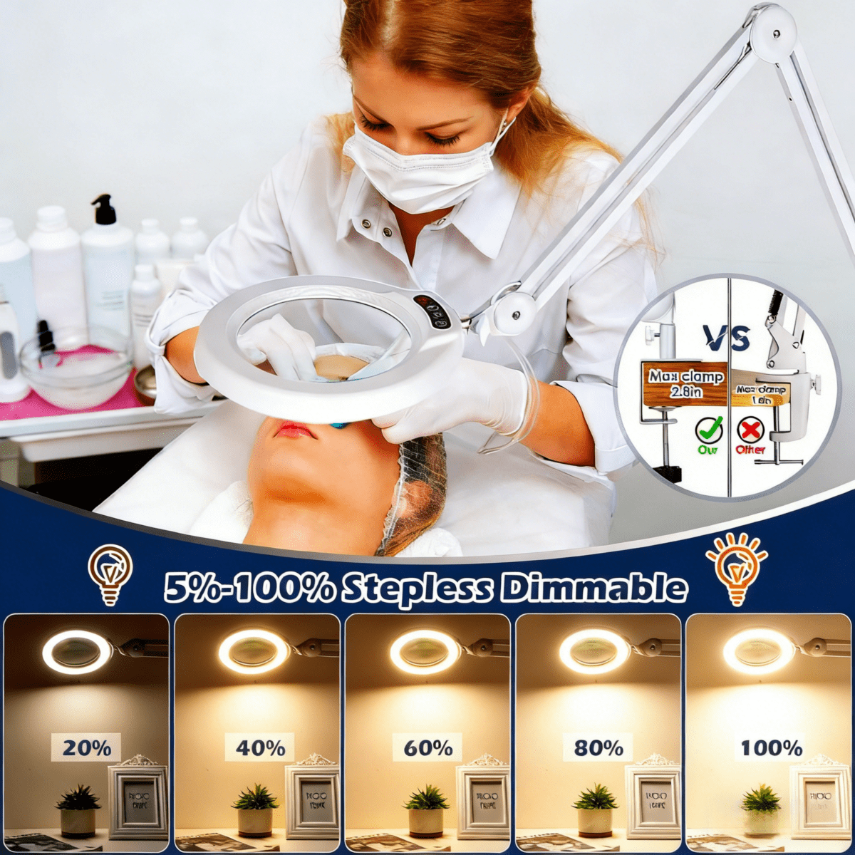 Veemagni Magnifying Glass with Light and Stand, Real Glass Lens, 5 Color Modes, Stepless Dimmable, LED 2200 Lumens Floor lamp with 5 Wheels Rolling Base for Facials, Salon
