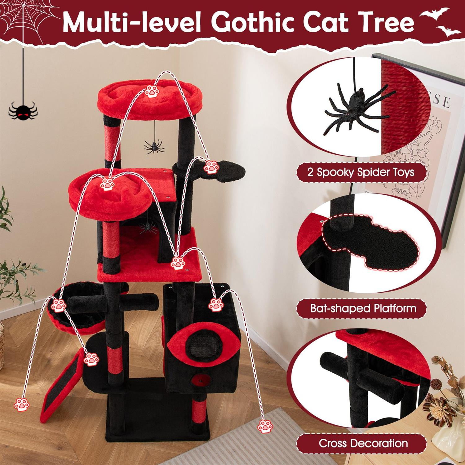 Demi Bonn Large Gothic Cat Tree, 2 Condos & Plush Perches, Rotating Hammock & Sisal Posts, Black & Red