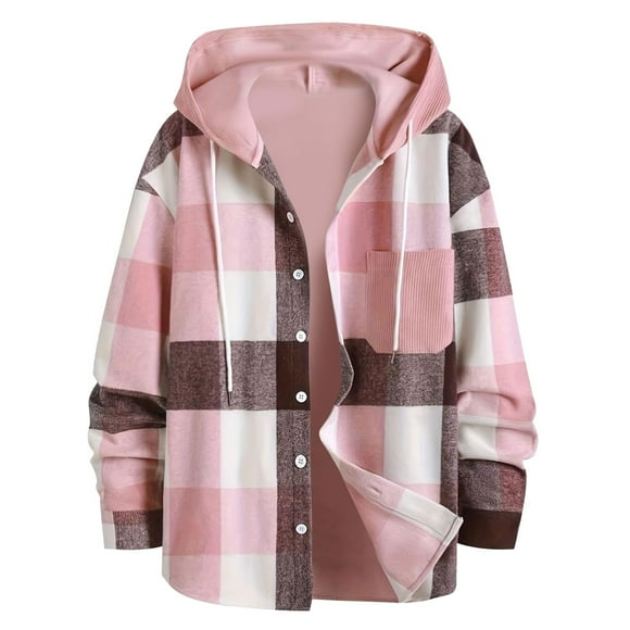 Ccpelsie Men's Flannel Shirt Plaid Hoodie Fall Casual Button Down Shirt Jackets Long Sleeve Stylish Hooded with Pocket(A01-Pink,2XL)