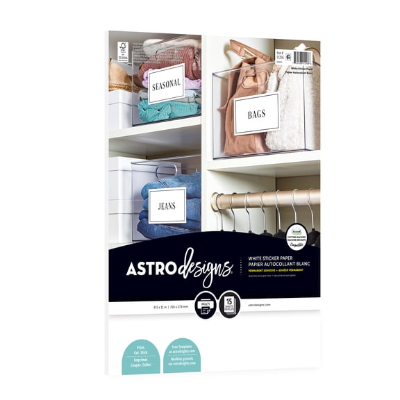 Astrodesigns Sticker Paper, 8.5" x 11", 24 lb., White, 15 Sheets