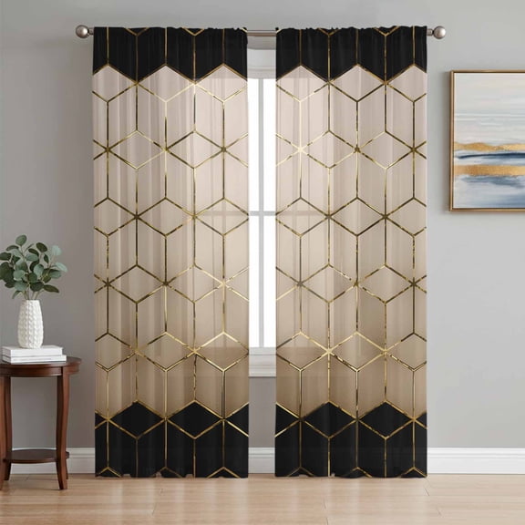 Sheer Curtains 96 Inches Long 2 Panels Set for Living Room, Brown Geometric Semi Sheer Curtains for Windows, Modern Abstract Art Ombre Voile Window Treatments Rod Pocket Curtain