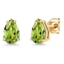 Gem Stone King 14K Yellow Gold Green Peridot Double Notch Stud Earrings | 2.18 Cttw | Gemstone August Birthstone | Pear Shape 8X6MM | Gold Earrings for Women Men