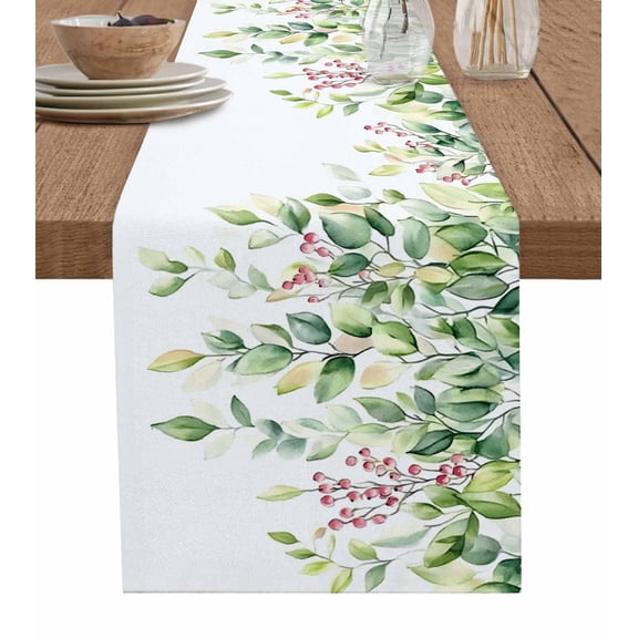 Ldtrchee Green Eucalyptus Leaves Table Runner 90 Inches, Spring Summer Botanical Leaf Bed Runner Dresser Scarves Tabletop for Indoor Outdoor Parties/Ceremony/Banquet, 13" x 90"