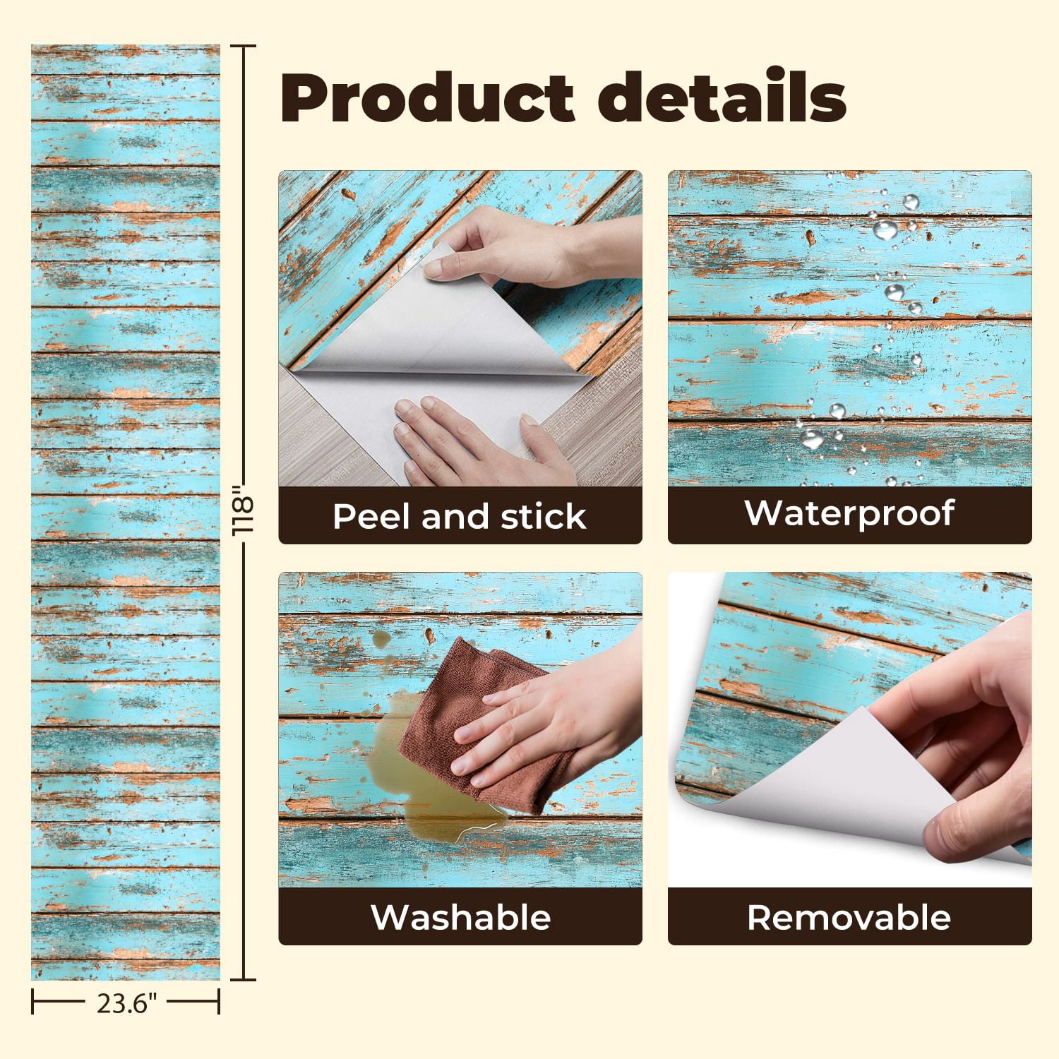 Peel and Stick Wallpaper Distressed Turquoise Wooden Planks Texture Rustic Wall Mural 23.6in x 9.8ft Self Adhesive Removable Wall Paper Renter Friendly Wallpaper for Nursery Bedroom Cabinets