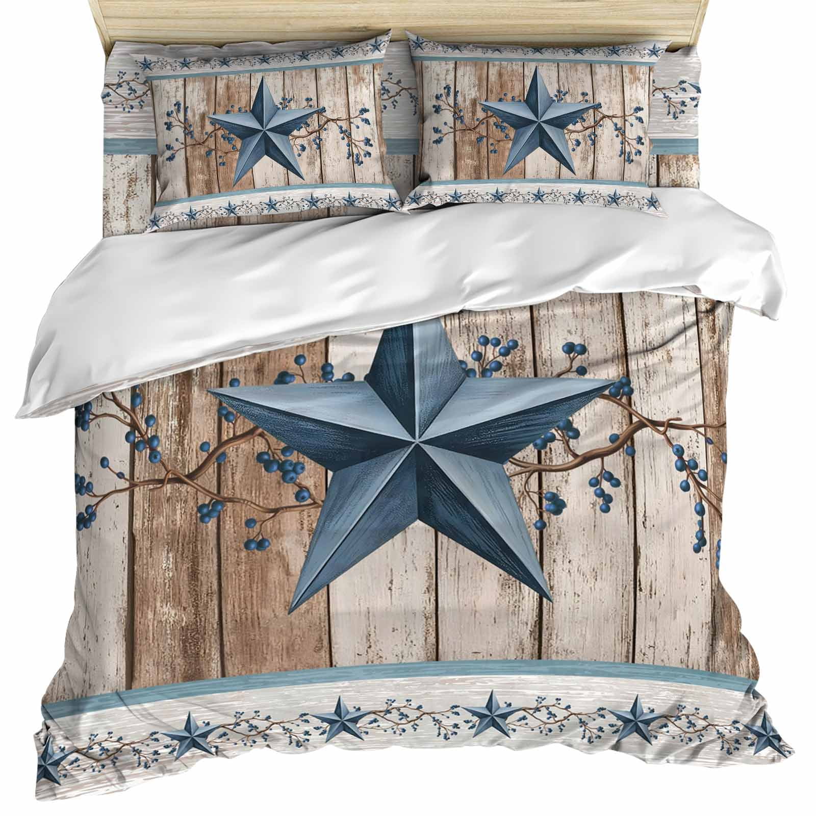 Texas Star Rustic Set of 4 Bedding Quilt Covers Country Blue Berry Brown Wooden Plank 4-Piece Bed Sheet Set with Extra Soft Bed Sheets Quilt Cover Pillowcase Full