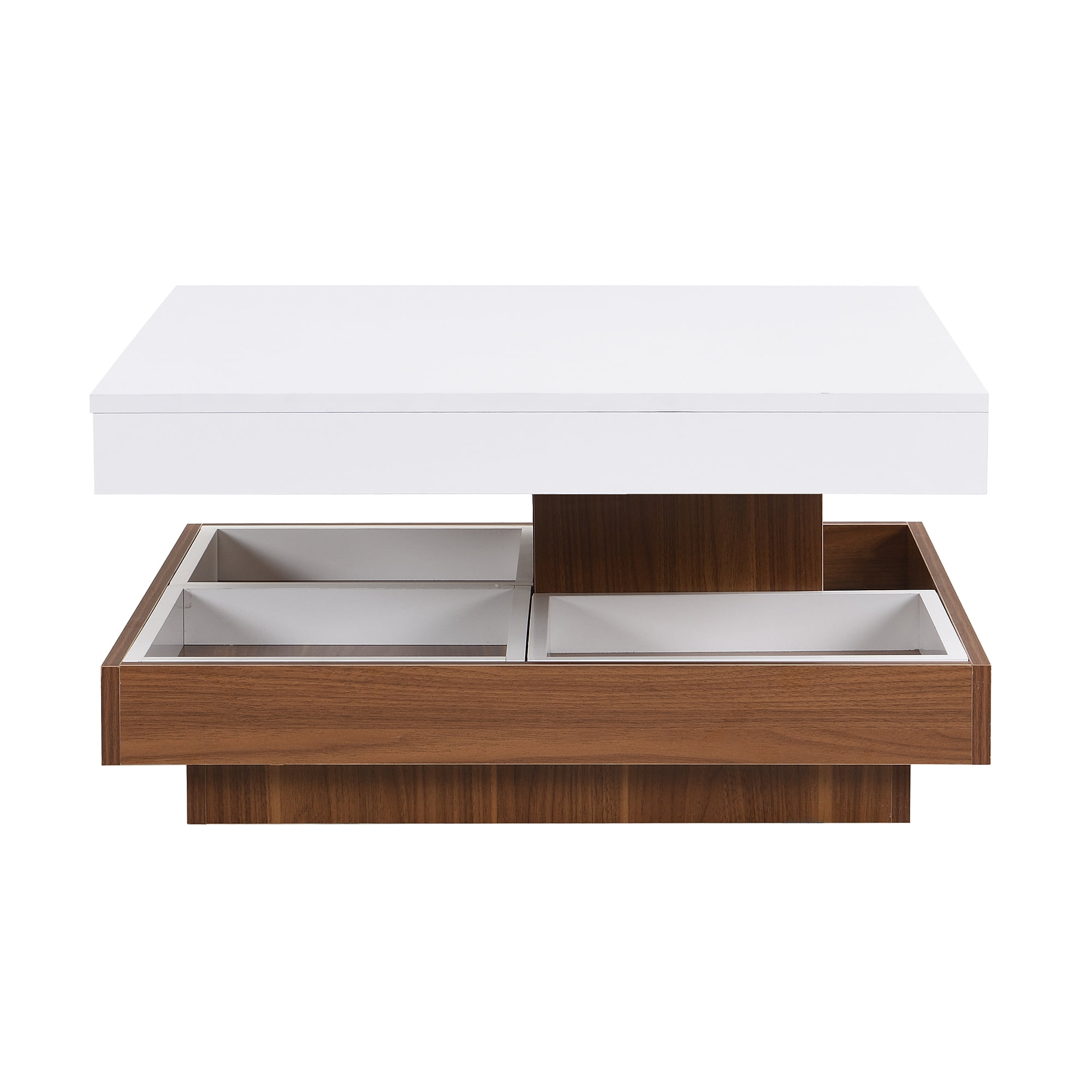 MAYEERTY Modern Square 360° Rotating Coffee Table with Three Detachable Trays, 2-Tier Farmhouse Wood Center Table with Storage for Living Room, White, 27.5*27.5in