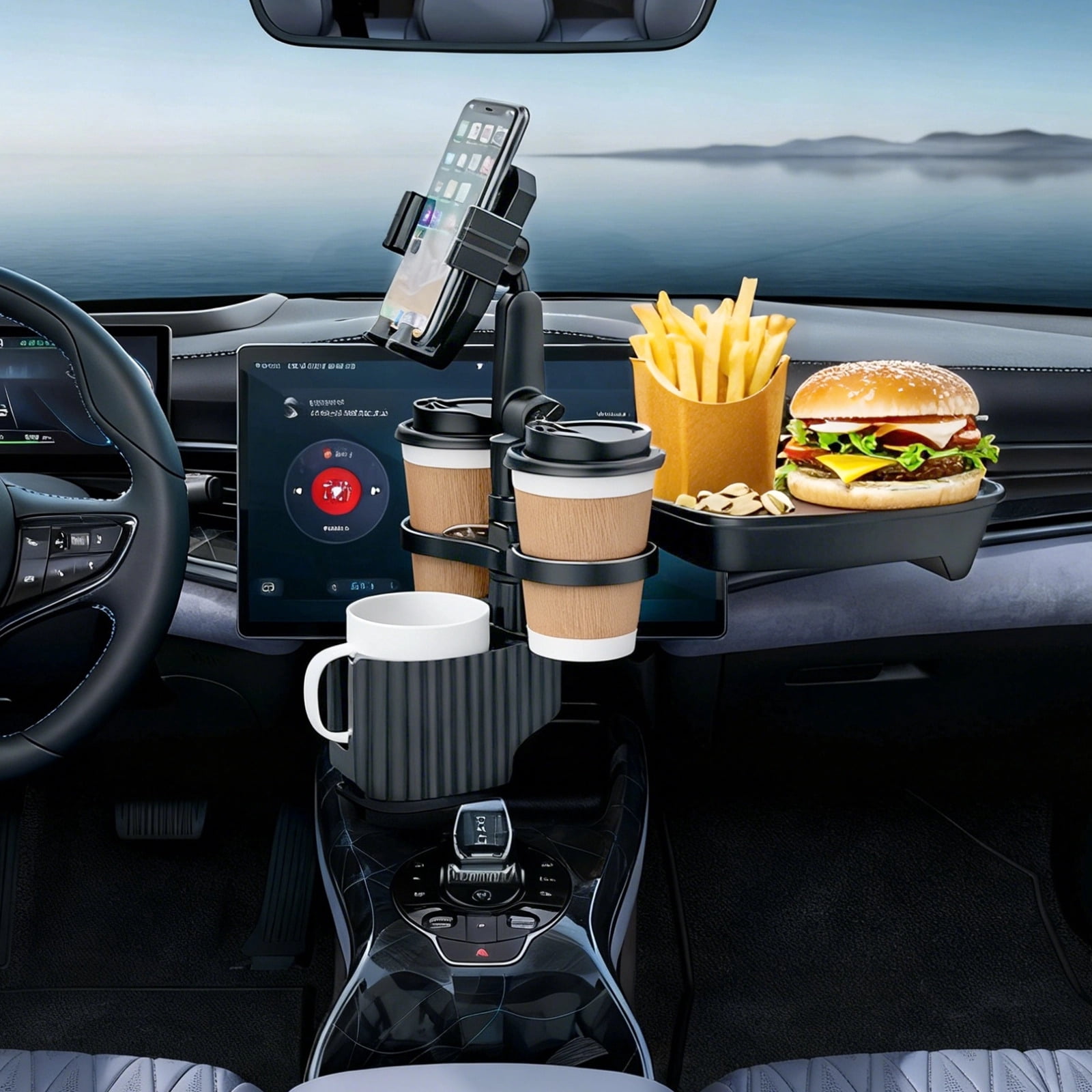 6-in-1 Car Cup Holder Expander with Tray & Phone Mount, Multi Car Food Tray with 360° Rotation Adjustable Base, Car Cup Holder Organizer for Drinks, Snacks, Gray