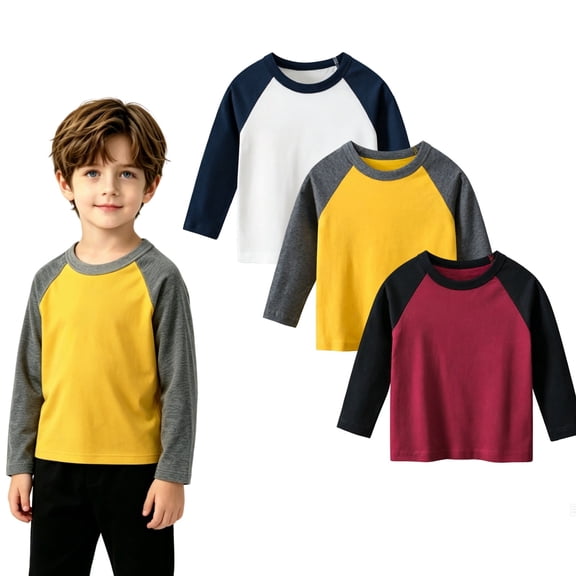 Toddler Boys Cotton T Shirt 3 Pack Long Sleeve Shirts for 2-8 Years