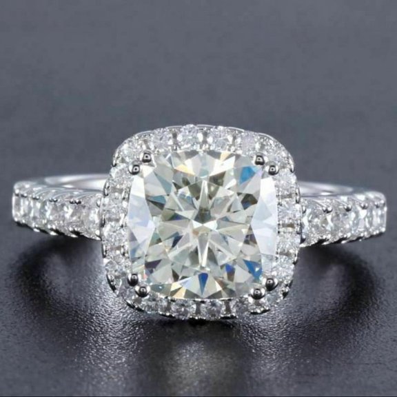 Silvago Jewel 14K White Gold Plated Ring for Gift - Lab Created Cushion Cut Diamond Halo Rings - Halo Solitaire with Accent Engagement Ring for Women's - Forever Diamond Ring - Gifts for Mother