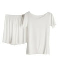 thumbnail image 3 of Aufmer Pajamas for Women Short Sleeve Round Neck Plain Solid Nightgown Set Summer Casual Two Piece Suit Ribs Without Marks Flounce Tops/Shirt Set, 3 of 9