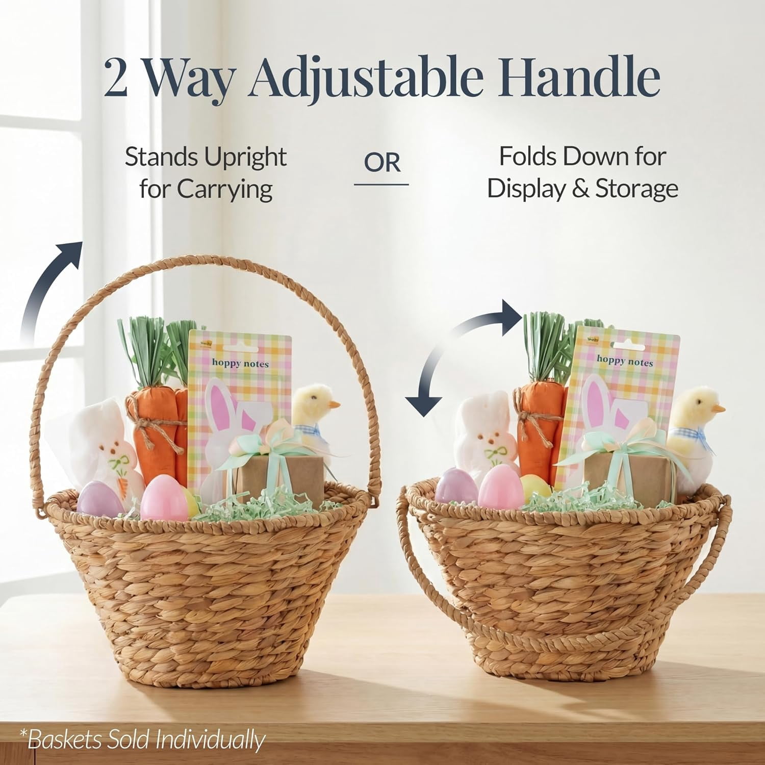 Themis Handwoven Easter Basket, Small Woven Easter Basket for Kids, Easter Egg Hunt Basket w/Collapsible Handle, Tapered Shape, Water Hyacinth - Natural