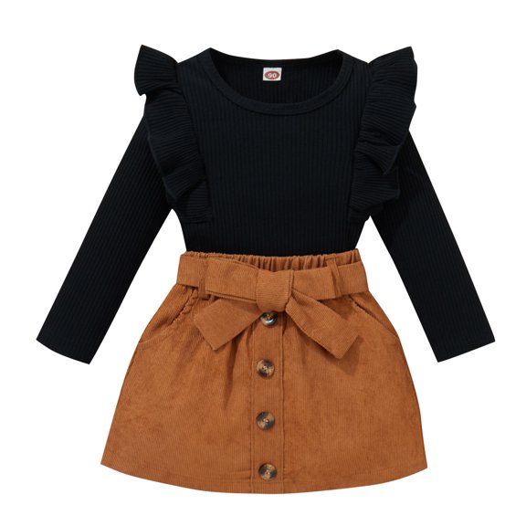 Youmylove Two Piece Girls Outfits Toddler Kids Baby Girls Ruffled Crewneck Long Sleeve Ribbed Sweatshirt Tops Solid Skirt Set 2Pcs Fall Clothes Set