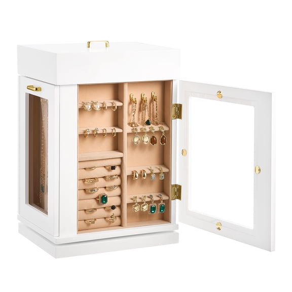 KFFKFF 360° Rotating Jewelry Organizer with Magnetic Door, Clear Acrylic Window, 4 Necklace Hooks, Spacious Storage Case with Metal Handles, Bottom Pad, and Soft Flannel Lining, White