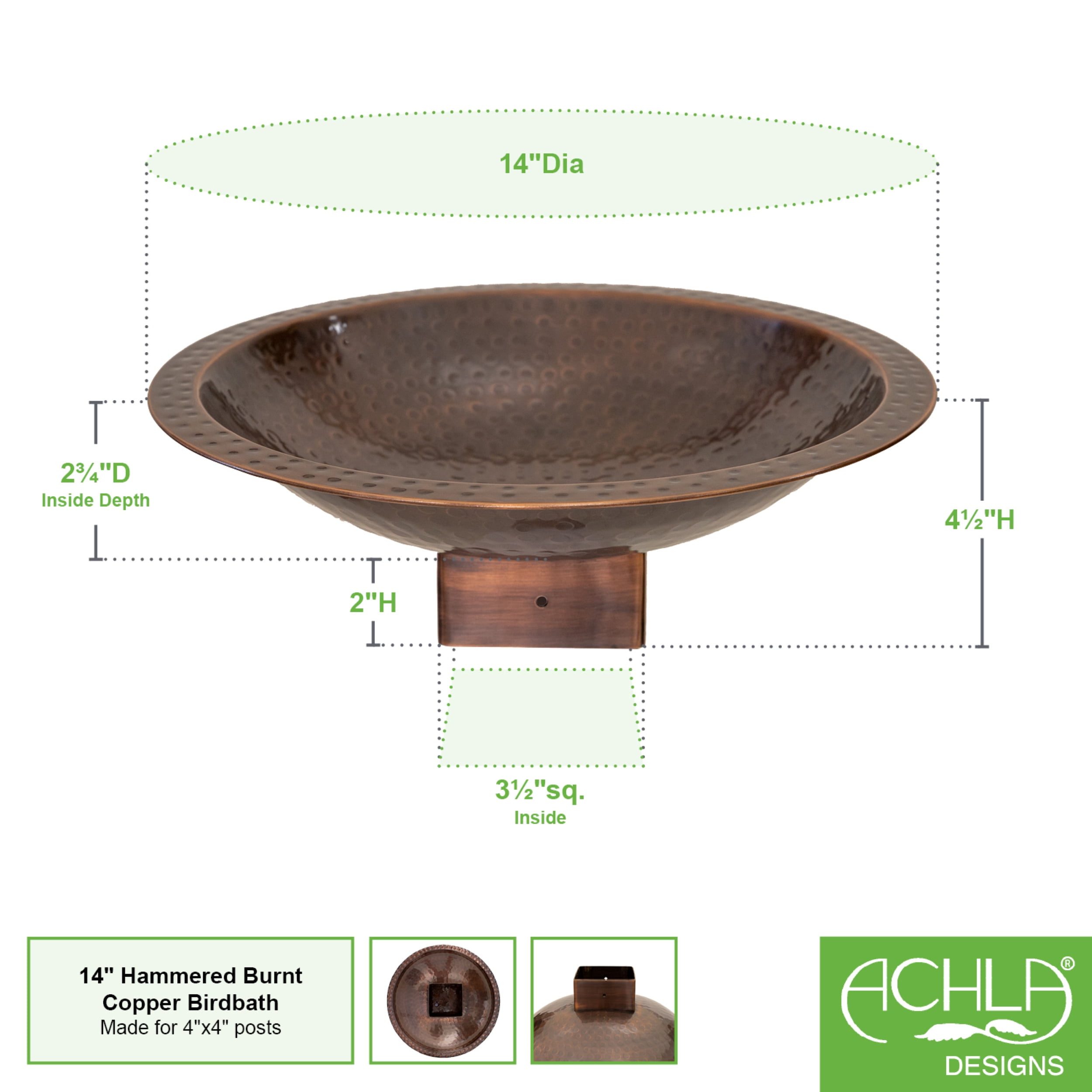 Achla Metal Bird Bath for 4 x 4 Post, Hammered Copper Finish