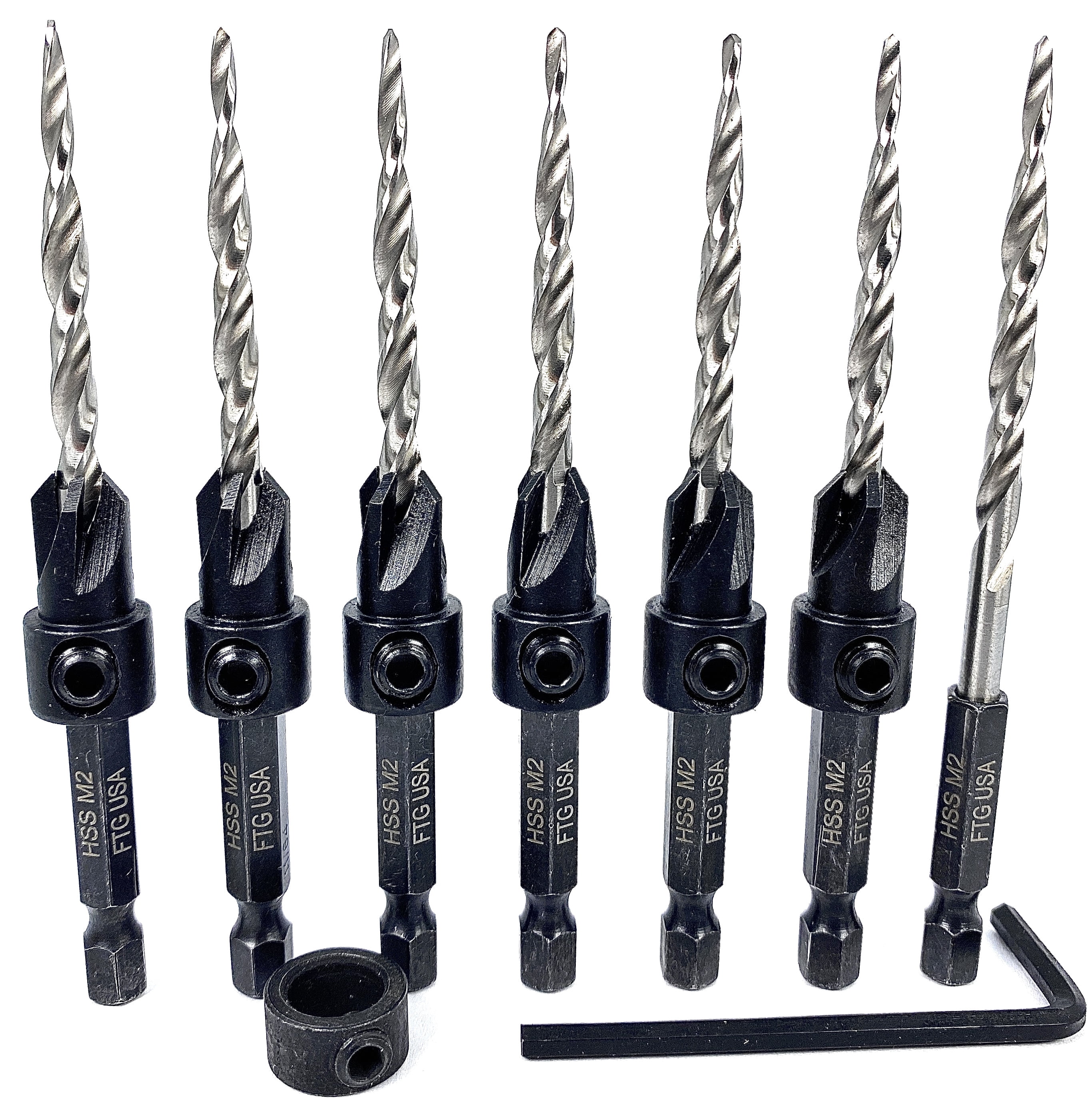 FTG USA Countersink Drill Bit Set 6 Pc #8(11/64"), 1 Replacement Countersink Bit