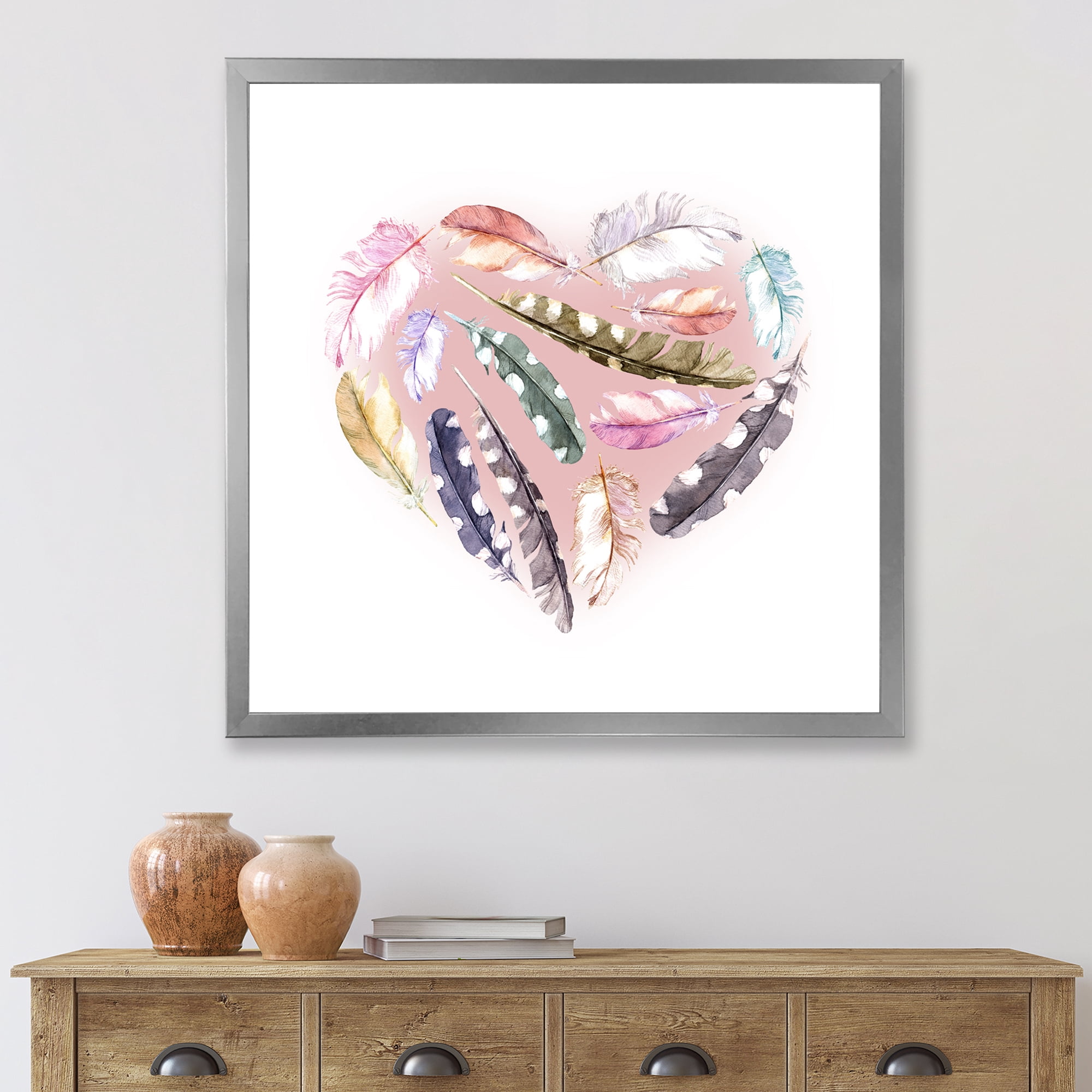Designart 'Ethnic Feather In Heart Shape' Bohemian & Eclectic Framed Art Print