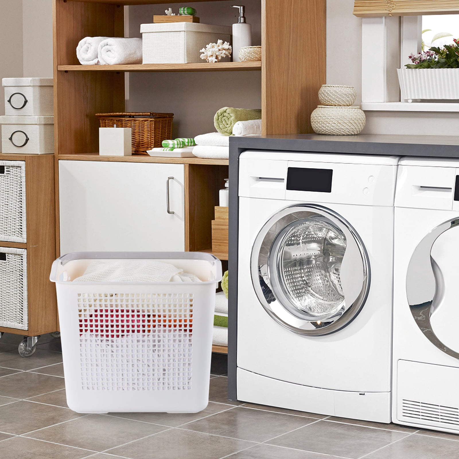 Minekkyes Set of 4 Large Hampers for Laundry with Handles, Plastic Laundry Baskets Bin, Dirty Clothes Storage Bin, White