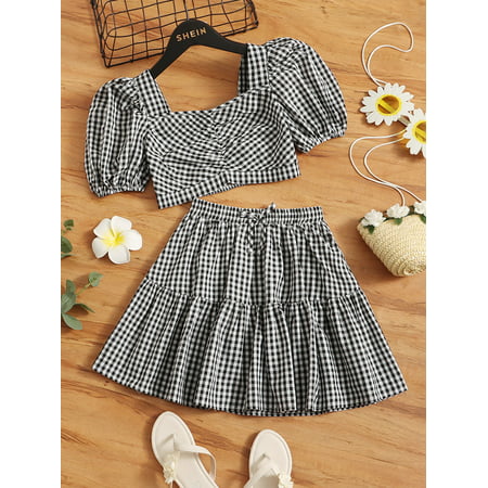 

Short Sleeve Girls Ruched Bust Gingham Print Crop Tops T Shirt Knot Front Ruffle Hem Skirt Set S221904X Black and White 8Y(50IN)